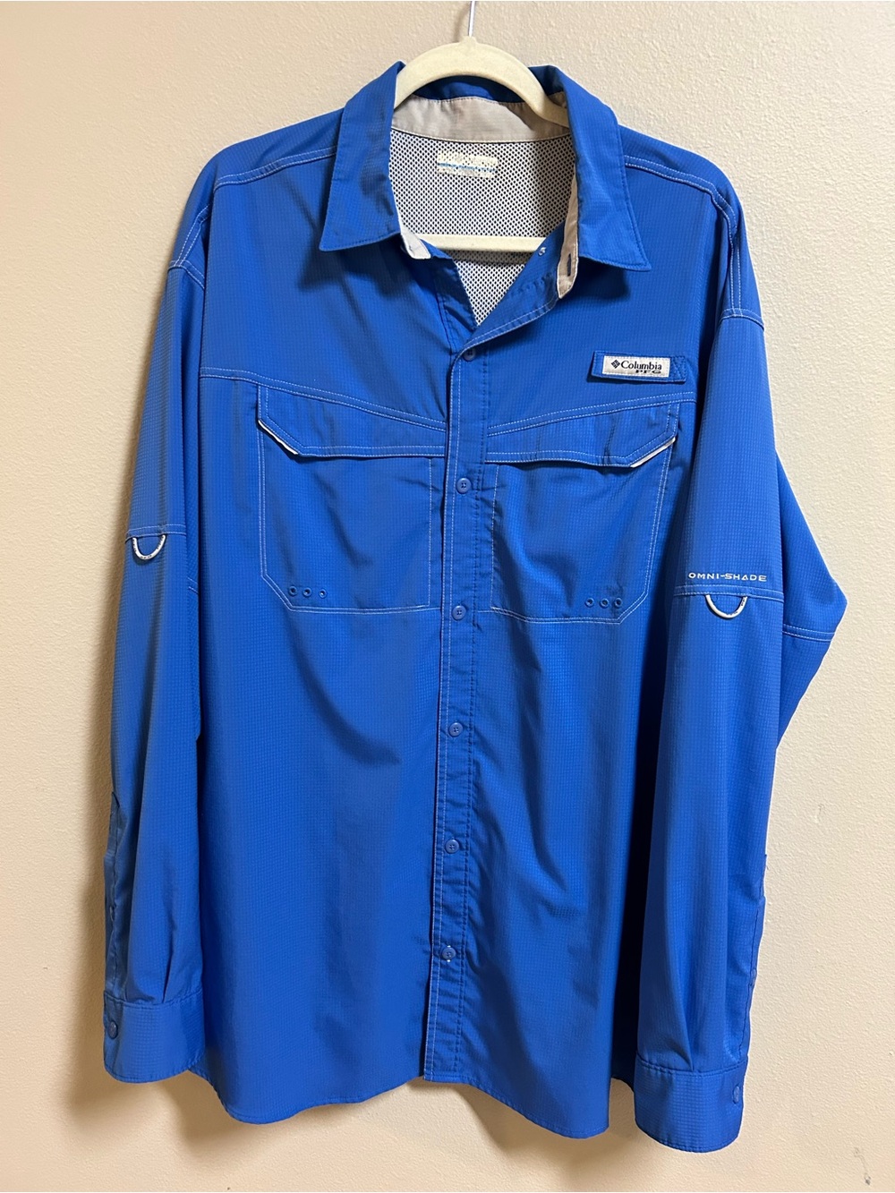 Columbia PFG Men XL Blue Omni Shade Long Sleeve Fishing Shirt Vented Performance
